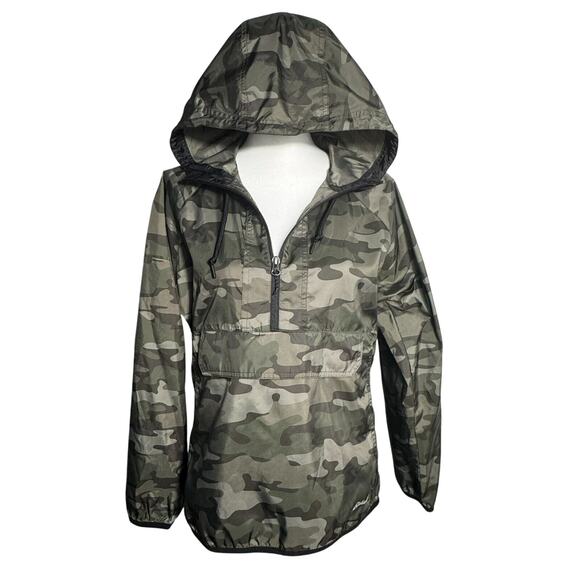 EDDIE BAUER Women Small Camouflage Half Zip Hooded Shell Windbreaker Rain Jacket - Picture 1 of 9